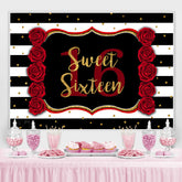 Lofaris Black-And-White Stripe Sweet 16Th Birthday Backdrop